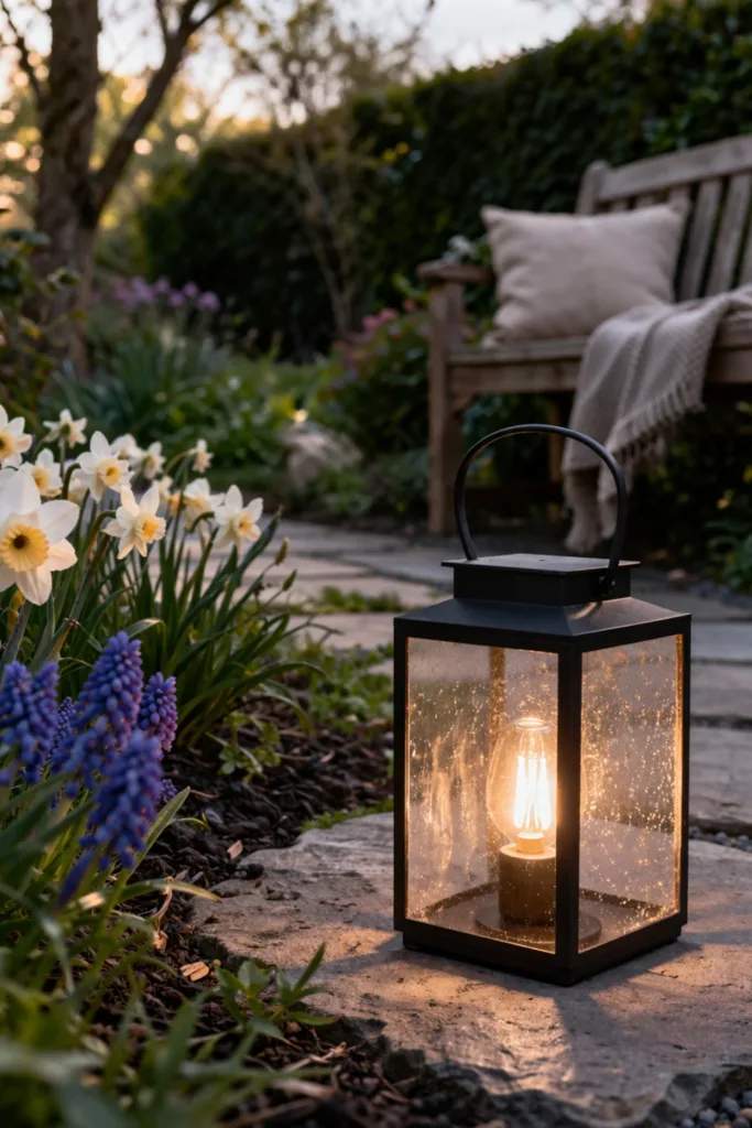Gartendeko im April mit warmem Licht, Laterne am Gartenweg und Frühblühern im Abendlicht