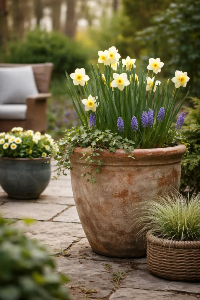 Gartendeko im April mit Pflanzgefäßen, Frühblühern und natürlicher Terrassen Gestaltung