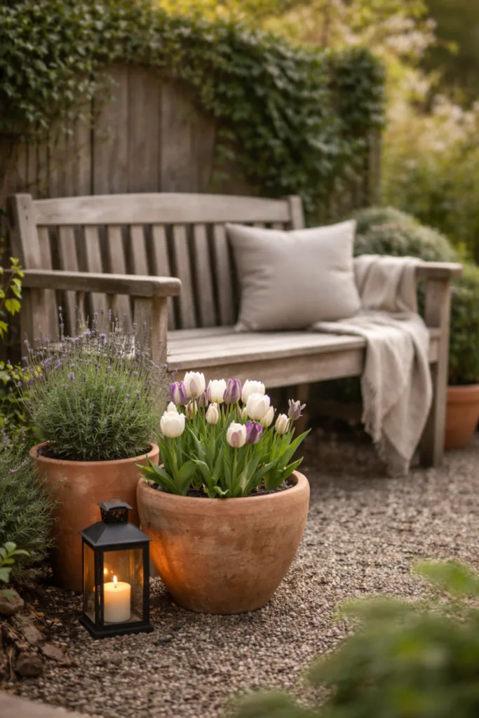 Gartendeko im April mit kleinem Themenbereich, Bank, Töpfen und Frühlingsblumen im Garten
