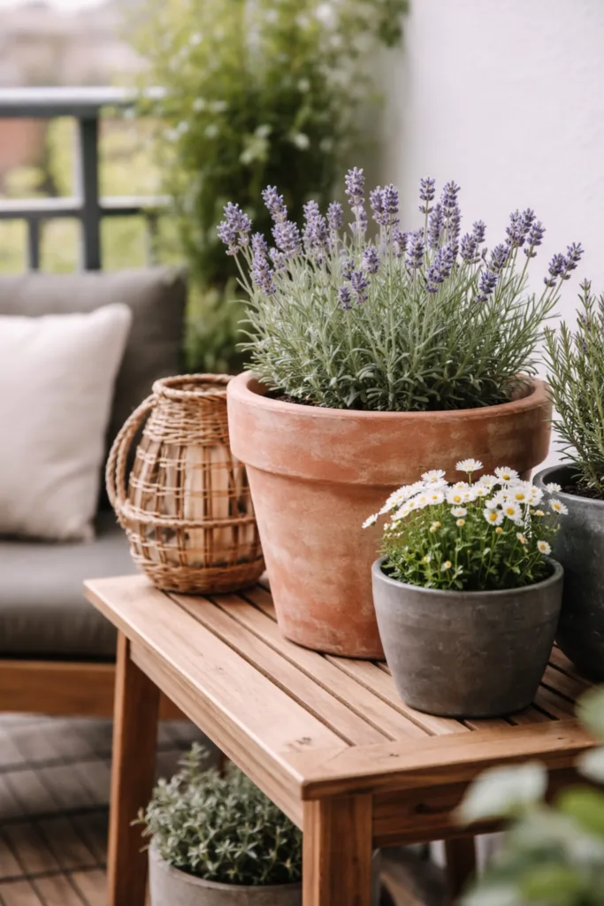 Balkondeko im April mit Terrakotta und grauen Töpfen für harmonische Struktur und Gestaltung