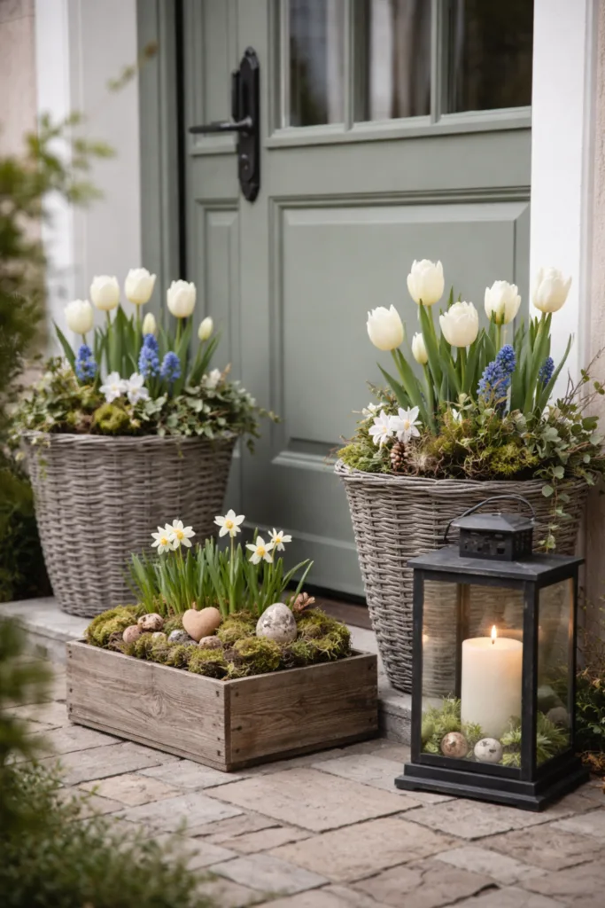 Frühlingshafte Garten Deko im Eingangsbereich mit Tulpen, Laterne und Naturmaterialien stilvoll arrangiert