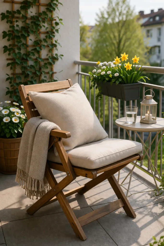 Balkondeko im April mit gemütlichem Sitzbereich, Frühblühern und natürlicher Balkon Gestaltung