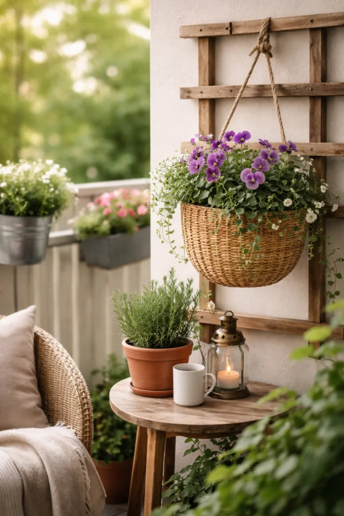 Vertikale Balkondeko im April mit hängendem Pflanzkorb und Rankgitter an der Wand, frühlingshafte Gestaltung im Hochformat