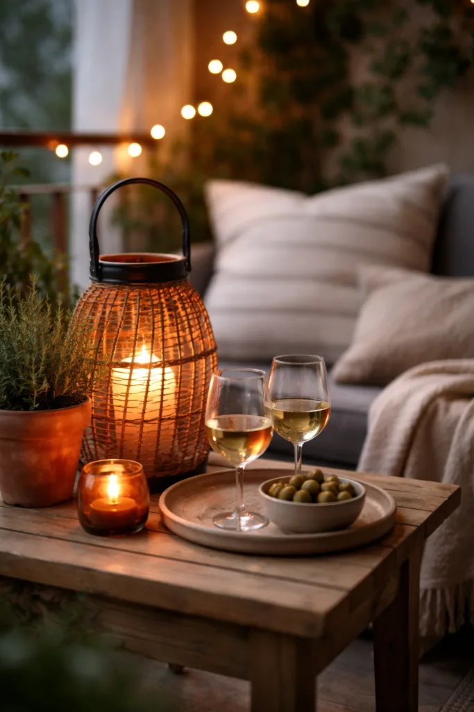 Balkondeko im April mit Laterne, Kerzen und warmem Licht auf gemütlichem Balkon