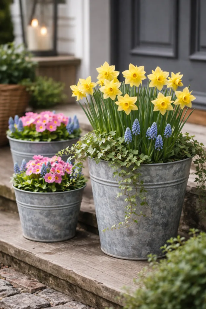 Hauseingang Deko im April mit Narzissen, Primeln und Traubenhyazinthen in Töpfen vor Haustür arrangiert