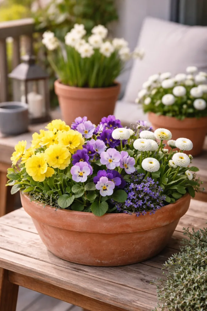 Balkondeko im April mit Frühblühern im Kasten, harmonisch gruppiert und farblich abgestimmt