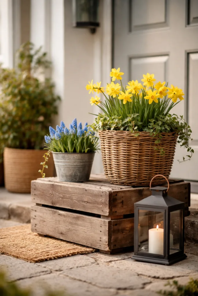 Hauseingang Deko im April mit Blumen, Holzbox und Höhenunterschieden für mehr Tiefe