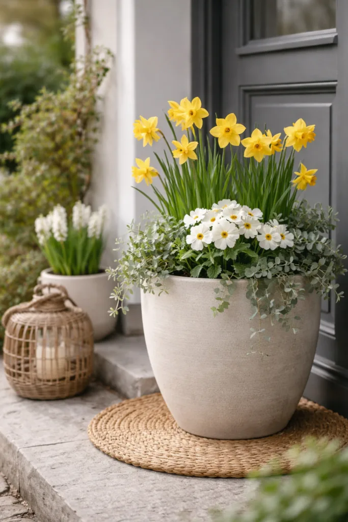 Hauseingang Deko im April mit gelben Narzissen und weißer Frühblüher Kombination vor moderner Haustür