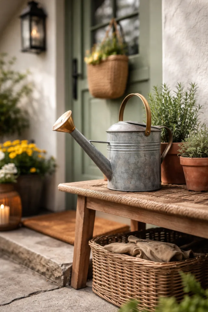 Hauseingang Deko im April mit Gießkanne, Kräutern und Holzbank funktional gestaltet