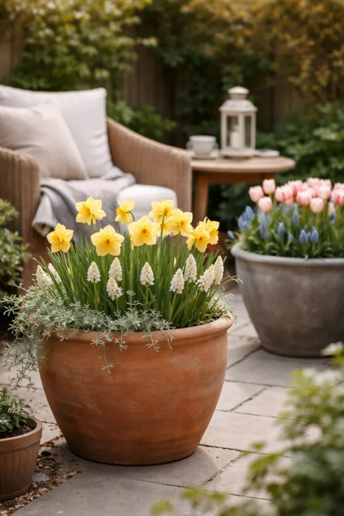 Kleiner Garten im April – 5 Deko-Ideen für mehr Atmosphäre Kleiner Garten im April mit großen Pflanzkübeln und Frühblühern auf Terrasse gestaltet