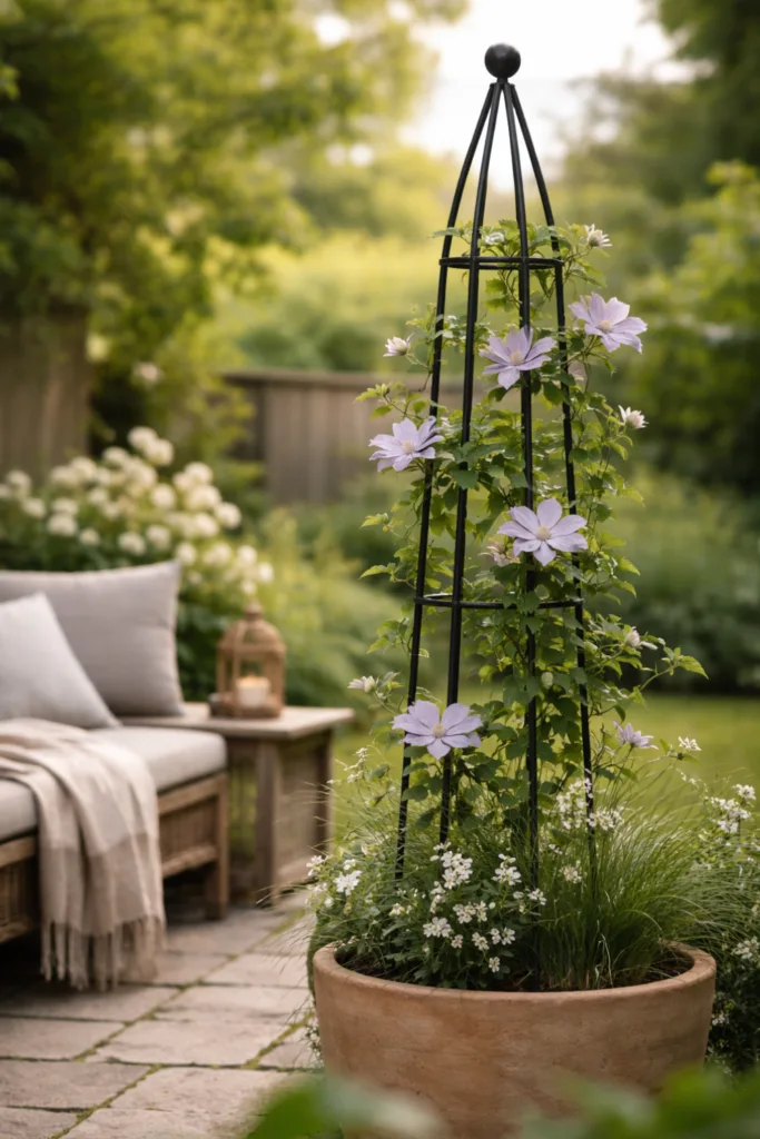 Kleiner Garten im April – 5 Deko-Ideen für mehr Atmosphäre Kleiner Garten im April mit Rankhilfe, Clematis und vertikaler Gartendeko im Pflanzkübel