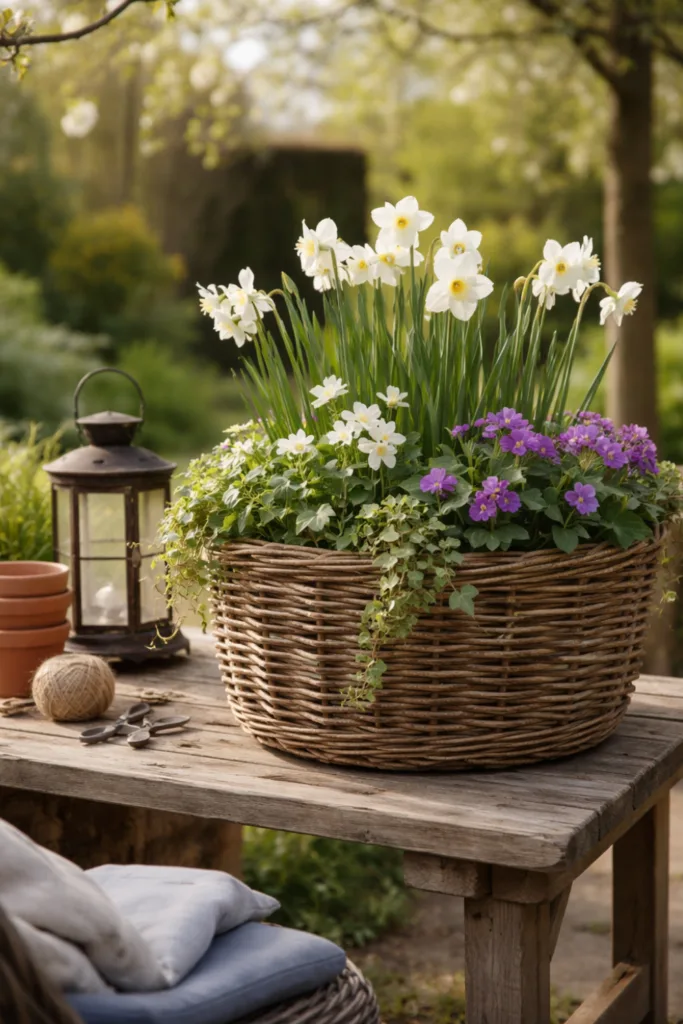 Kleiner Garten im April – 5 Deko-Ideen für mehr Atmosphäre Kleiner Garten Deko im April mit Holzkorb, Frühblühern und natürlicher Gartengestaltung