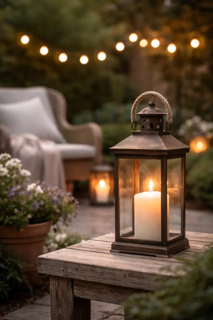 Kleiner Garten im April – 5 Deko-Ideen für mehr Atmosphäre Kleine Garten Deko im April mit Laterne und warmem Licht für gemütliche Atmosphäre im Garten