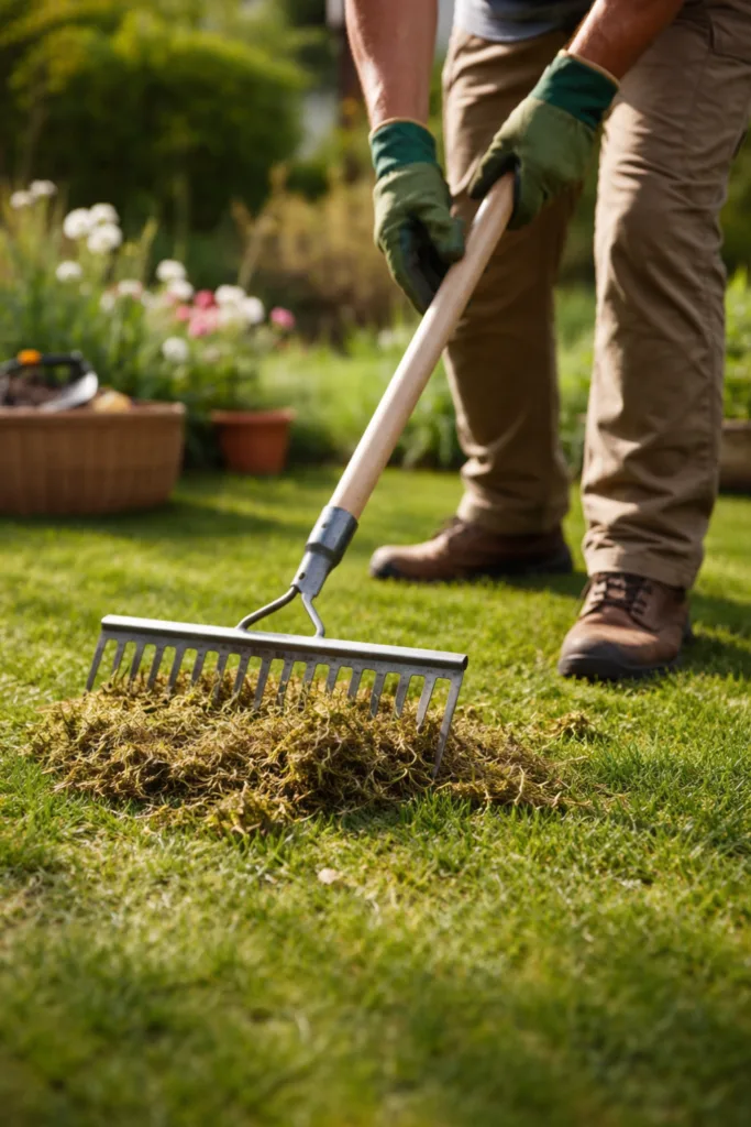 Rasenpflege im April mit Rechen, Moos entfernen und Rasen vorbereiten für dichten Wuchs