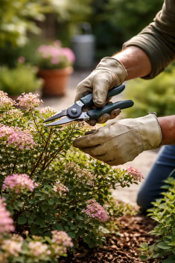 Gehölze schneiden und Stauden pflegen im April mit Gartenschere im Garten