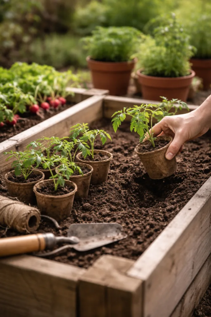 Gemüse und Kräuter im April pflanzen im Hochbeet mit lockerer Erde und Jungpflanzen