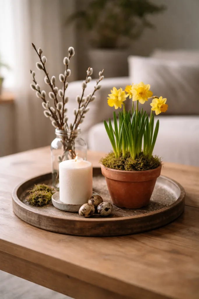 Frühblüher Deko auf Tablett mit Narzissen, Kerze und Zweigen als frühlingshafte Tischdekoration für Zuhause