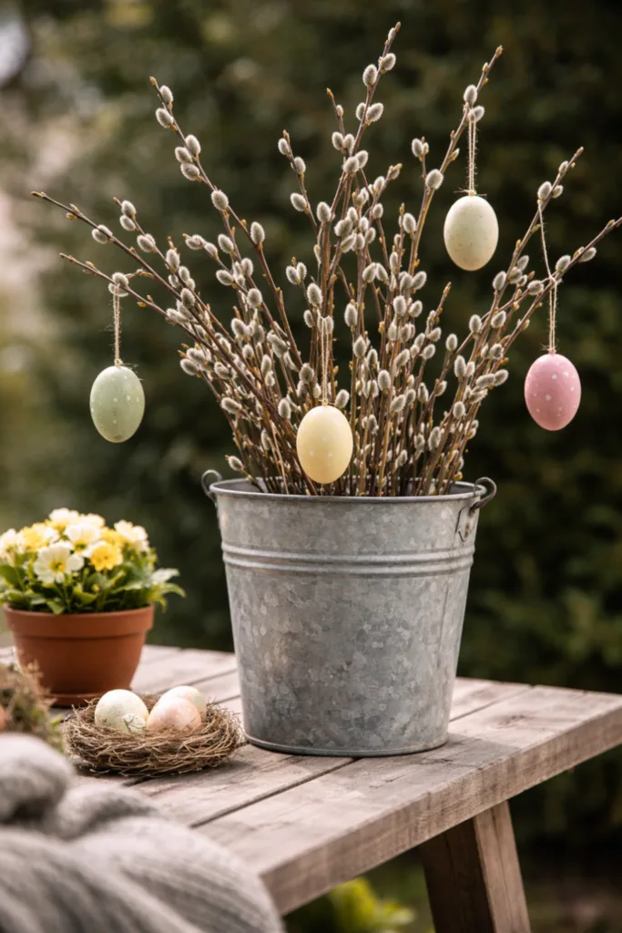 Osterdeko Garten günstig mit Zweigen und Ostereiern in Zinkkübel dekoriert im Frühlingsgarten