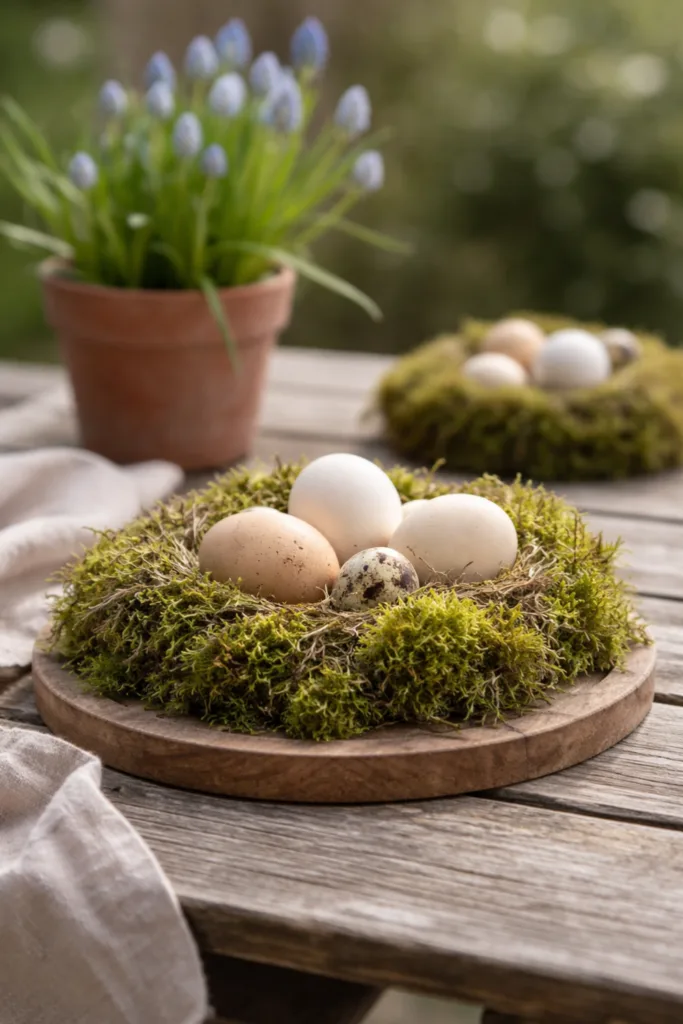 Moos-Nest mit Ostereiern als günstige Osterdeko auf Gartentisch im Frühling