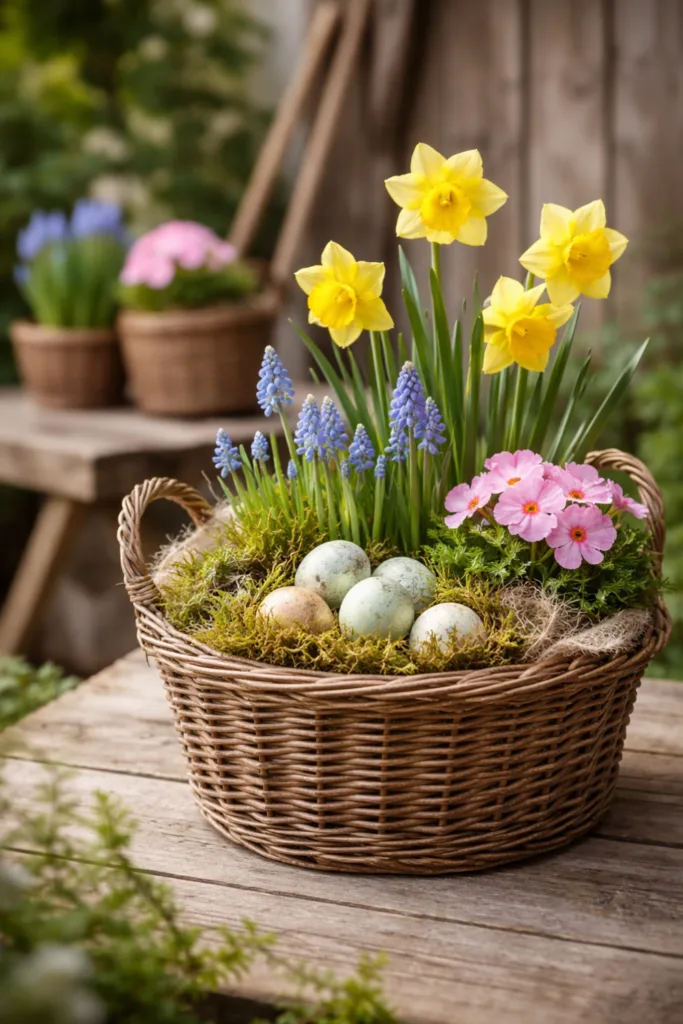 Alte Körbe mit Narzissen und Primeln als günstige Osterdeko im Garten dekoriert