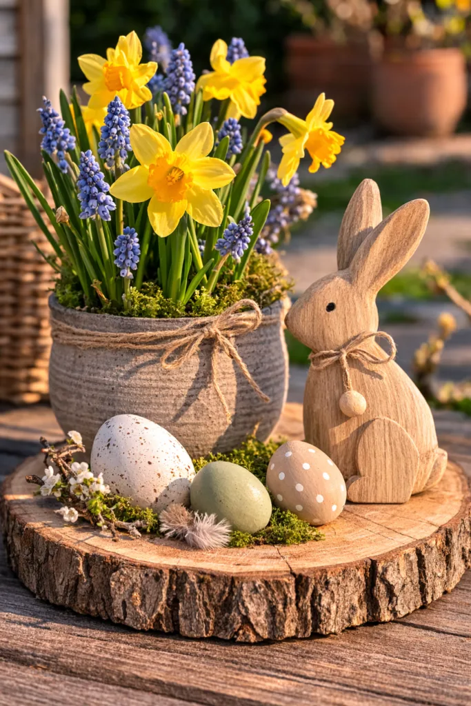 Osterdeko Garten günstig mit Holzscheibe, Frühblühern und dekorativen Ostereiern im Garten arrangiert
