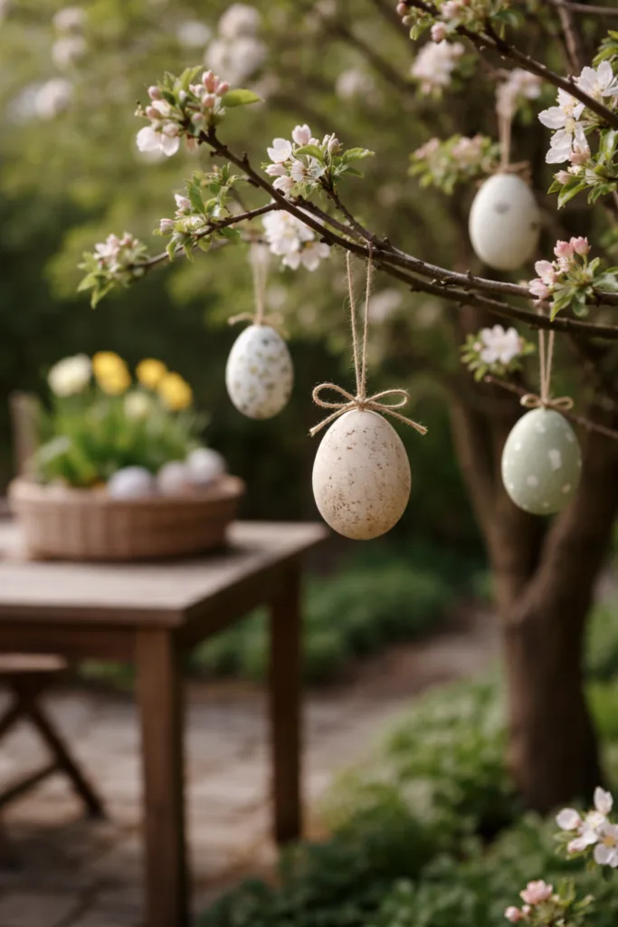 Osterdeko Garten günstig mit Ostereiern im blühenden Strauch dekoriert im Frühlingsgarten