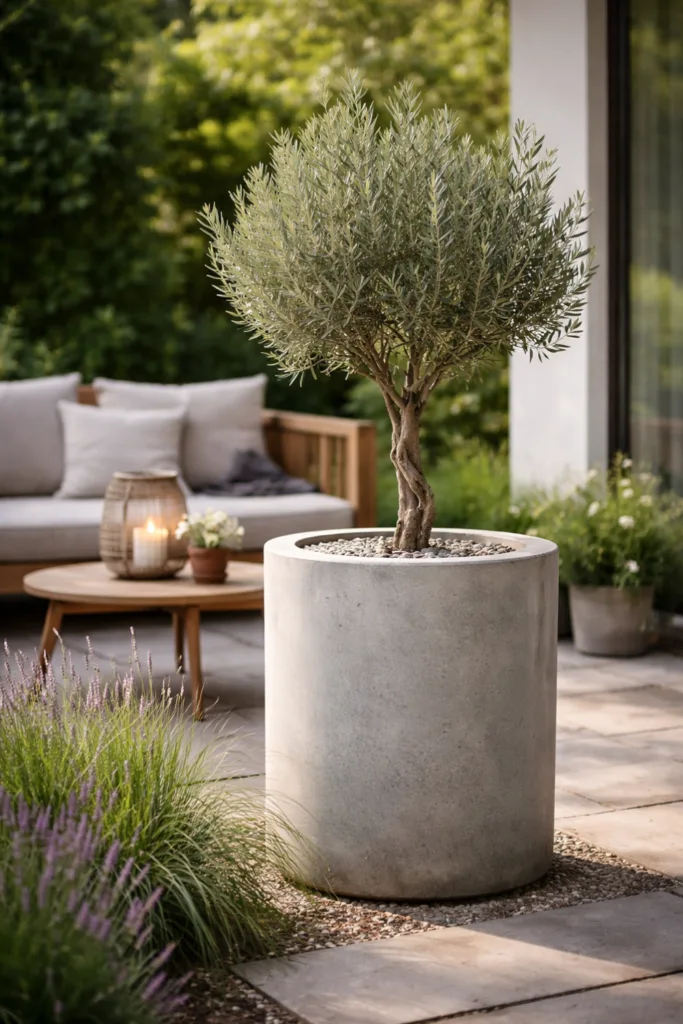 Gartendeko aus Beton: 5 einfache Ideen mit großer Wirkung Gartendeko aus Beton mit großem Betonpflanzgefäß und Olivenbaum neben üppigem Staudenbeet im Garten