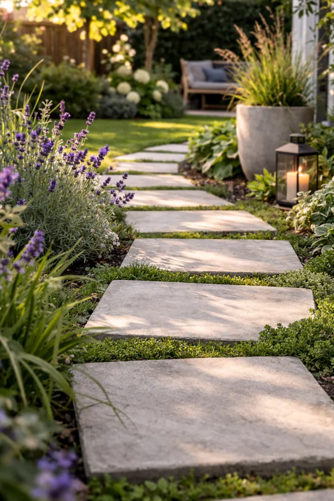 Gartendeko aus Beton: 5 einfache Ideen mit großer Wirkung Gartenweg mit Beton-Trittplatten als Gartendeko zwischen Lavendel und Ziergräsern im naturnahen Garten