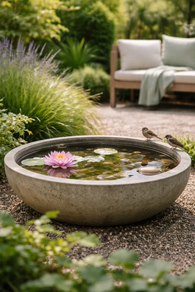 Gartendeko aus Beton: 5 einfache Ideen mit großer Wirkung Gartendeko aus Beton: Wasserschale im Garten mit Pflanzen und natürlicher Atmosphäre