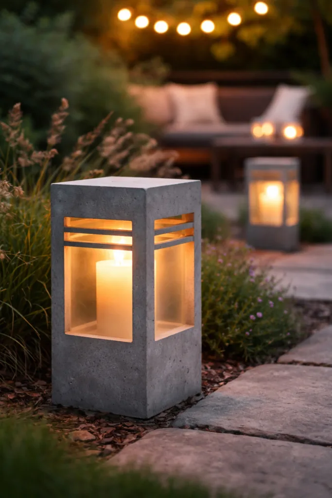 Gartendeko aus Beton: 5 einfache Ideen mit großer Wirkung Gartenbeleuchtung mit Betonlaterne und Kerze entlang eines Gartenwegs bei Abendstimmung