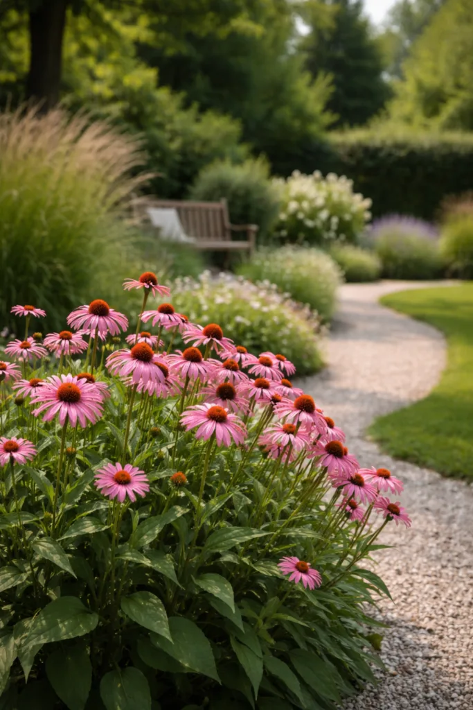 Großer Garten mit Sonnenhut in Pflanzgruppen günstig gestaltet im Vordergrund