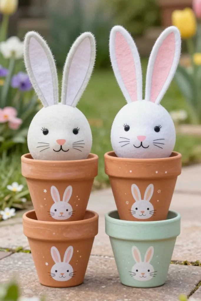Osterdeko selber machen mit Hasen in bemalten Terrakottatöpfen im Garten