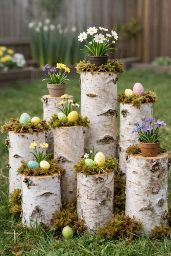 Osterdeko selber machen mit Birkenstämmen, Moos und Ostereiern als Gartenarrangement