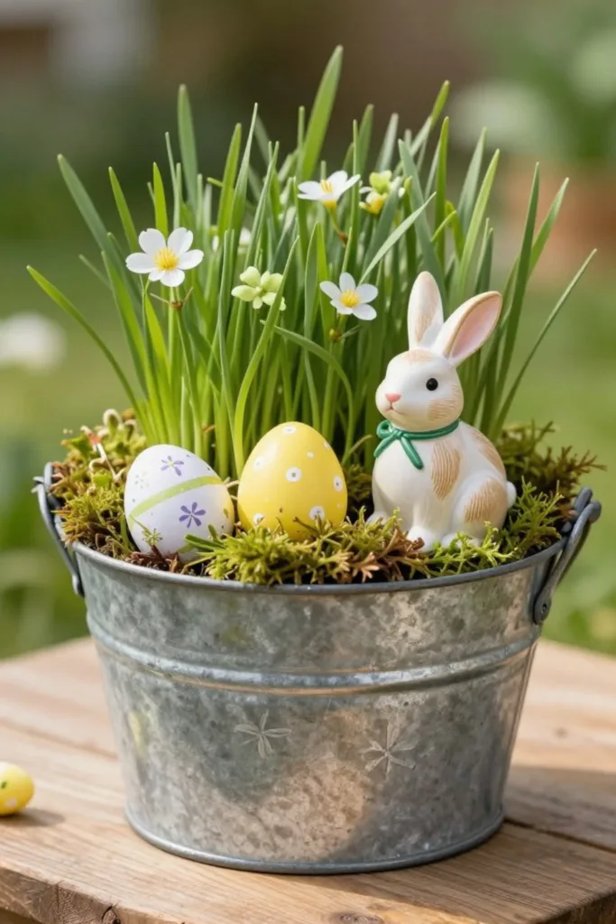 Osterdeko selber machen mit Zinkgefäß, Frühlingsblumen, Moos und Hasenfigur im Garten