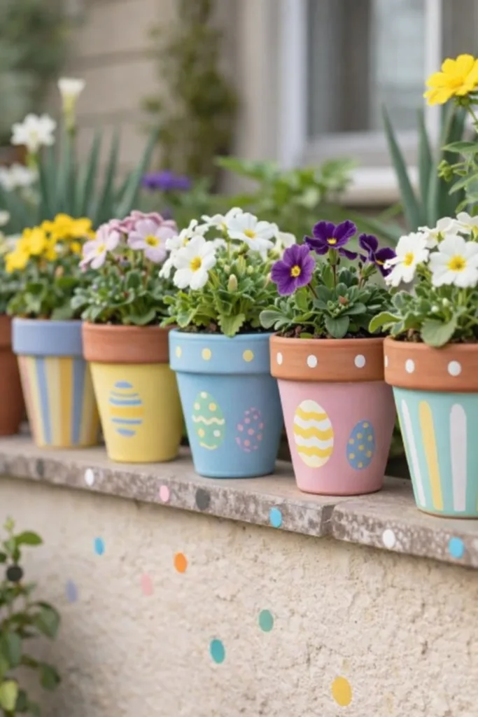 Osterdeko selber machen mit bemalten Blumentöpfen und Frühblühern am Hauseingang