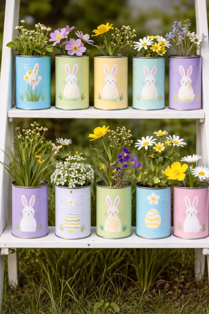 Osterdeko selber machen mit Kindern: bemalte Konservendosen mit Hasenmotiven und Frühlingsblumen im Gartenregal