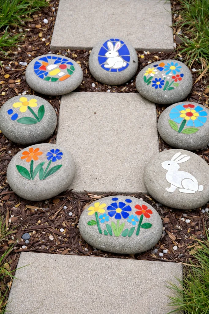 Osterdeko mit Kindern basteln im Garten: bemalte Mosaiksteine mit Hasen und Blumen entlang eines Gartenwegs