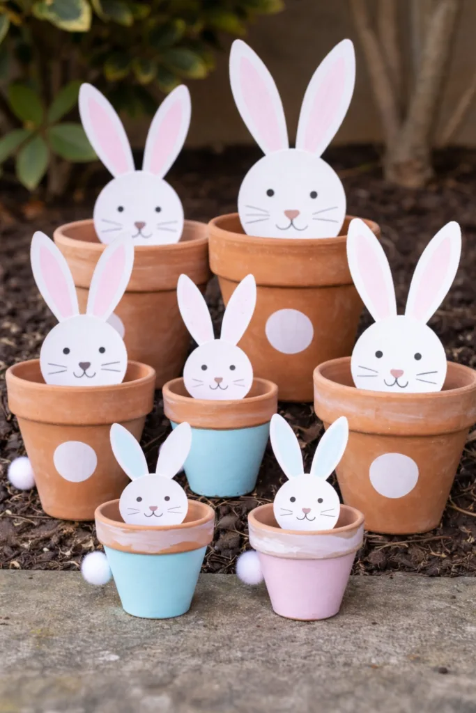 Osterdeko selber machen mit Kindern: bemalte Hasen-Blumentöpfe als DIY Gartendeko zu Ostern