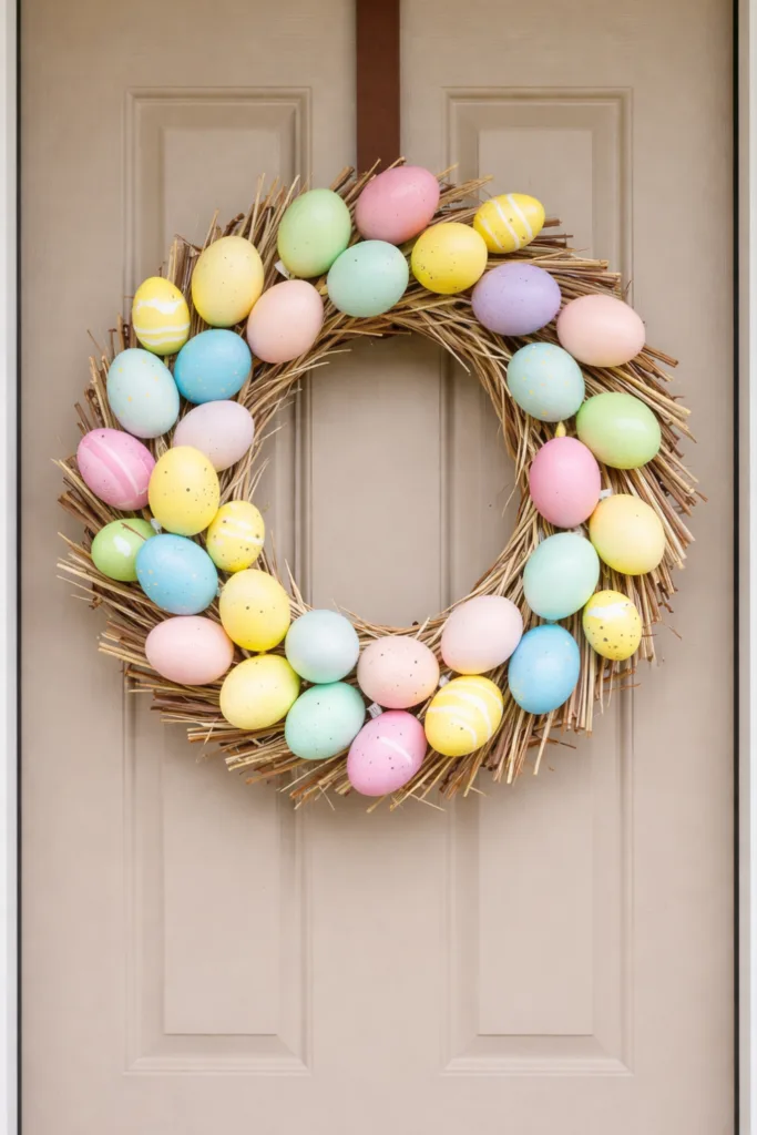 Bunter Osterkranz für die Haustür mit Pastell Ostereiern als DIY Osterdeko Idee
