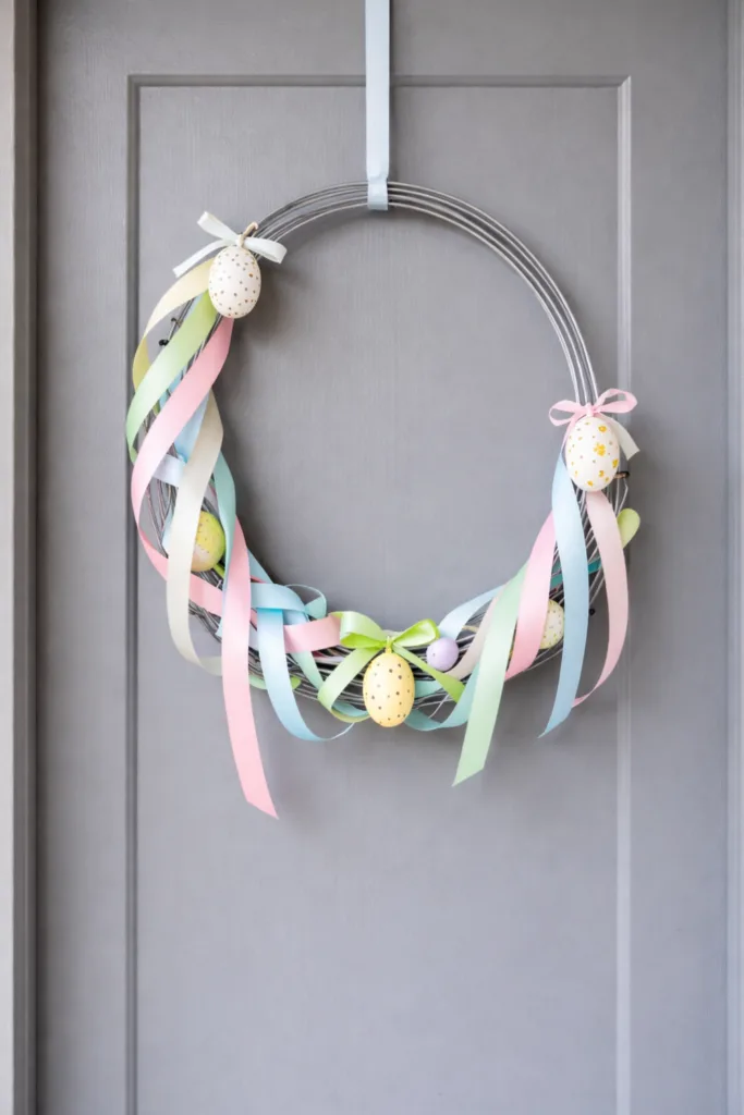 DIY Osterkranz für die Haustür mit bunten Bändern und Ostereiern als frühlingshafte Deko