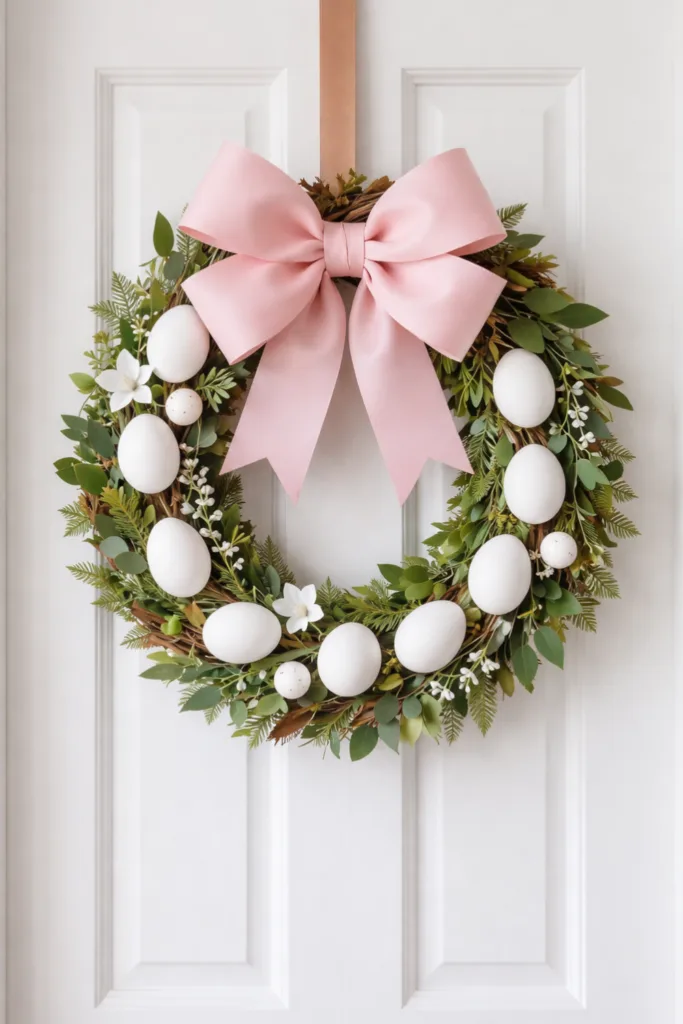 Osterkranz für die Haustür mit weißen Eiern, Grünzweigen und Schleife als DIY Osterdeko