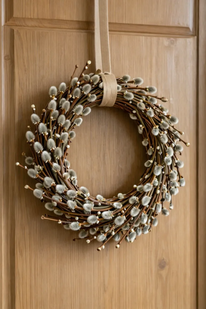 DIY Osterkranz für die Haustür aus Weidenkätzchen Zweigen als natürliche Osterdeko