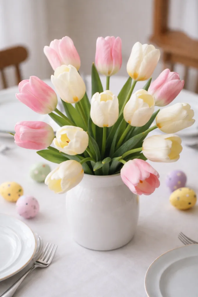 Tischdeko zu Ostern mit Tulpen in Pastellfarben in weißer Vase auf festlich gedecktem Tisch mit Ostereiern