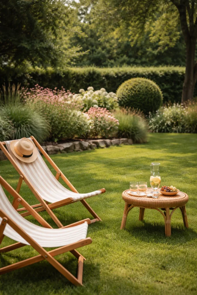 Großen Garten günstig gestalten mit klarer Rasenfläche und Sitzbereich im Hintergrund
