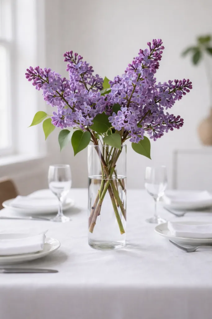 Tischdeko zu Ostern mit Blumen: Fliederstrauß in Glasvase auf gedecktem Tisch