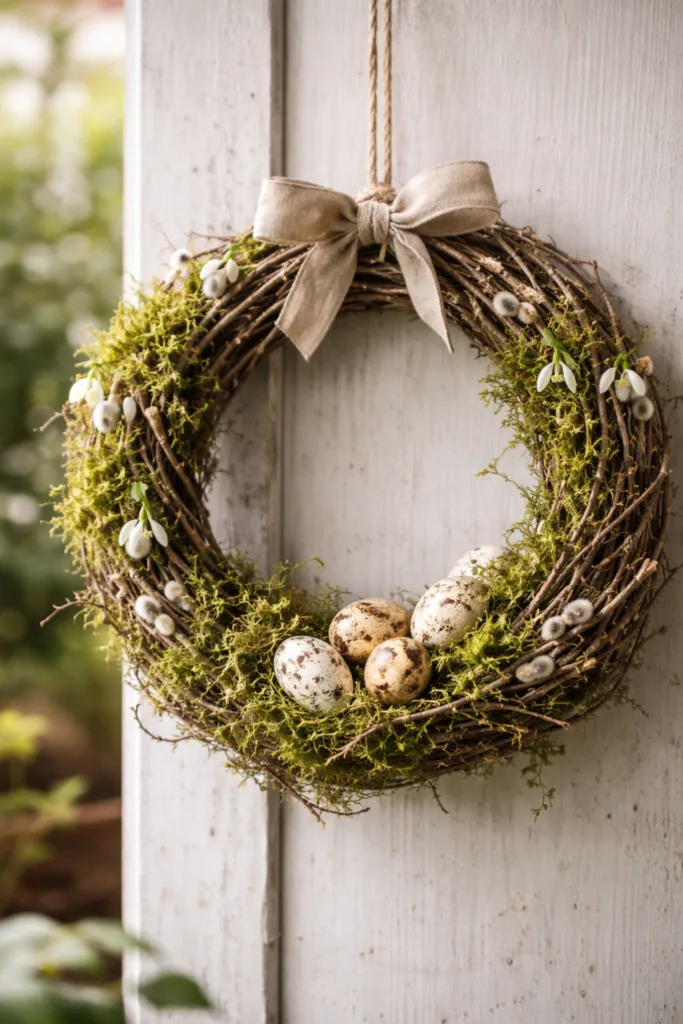 Natürlicher Osterkranz aus Zweigen, Moos und Wachteleiern als moderne Osterdeko im Garten an der Haustür aufgehängt.