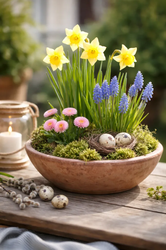 Moderne Osterdeko Idee mit Pflanzschale, Narzissen und Moos für den Garten im Frühling