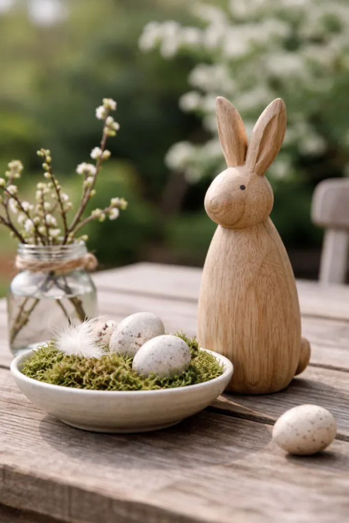 Minimalistische Osterdeko im Garten mit Holzhasen, Moos und natürlichen Osterdekoideen im Trend