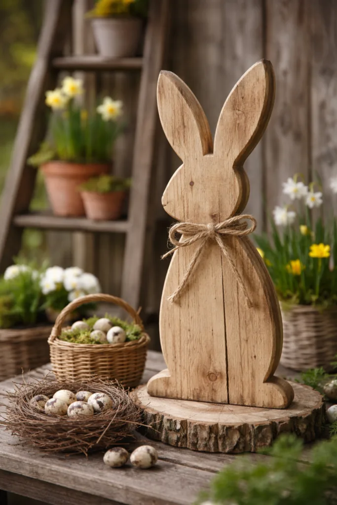 Moderne Osterdeko mit Holzhasen, Frühlingsblumen und Naturmaterialien im Garten als Trendidee zu Ostern