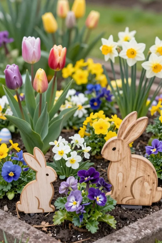 Osterdeko für kleine Gärten mit Holzhasen zwischen Tulpen, Narzissen und Frühlingsblumen